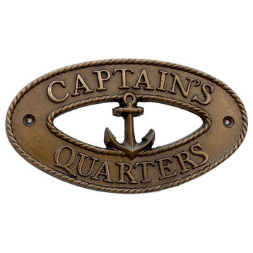 Antique Brass Captains Quarters Oval Sign With Anchor 8"