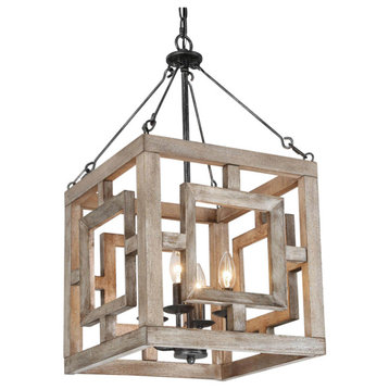 4-Lights Bruched Farmhouse and White Wood Chandelier For Living Room