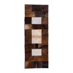 Modern Handmade Cowhide Patchwork Area Rug, Rectangle, Brown White, 5'11"x2'4" - Hall And Stair Runners