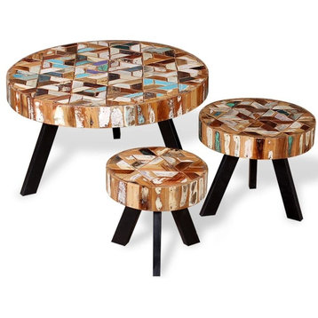 vidaXL Coffee Table Set 3 Piece Round Side End Table Solid Wood Reclaimed