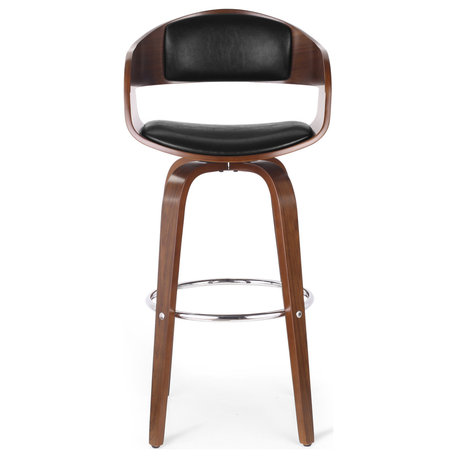 Soledad Mid-Century Modern Upholstered Swivel Barstool, Midnight/Walnut