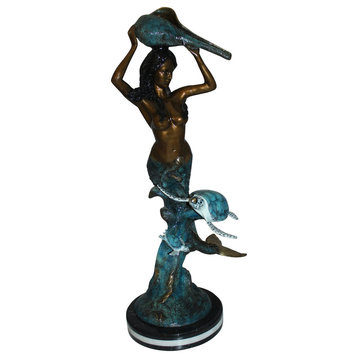 Mermaid 43 holding a shell fountain Bronze Statue Art Nude 14"L x 24"W x 43"H.