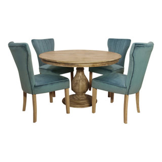 Jenna 48" Dining Set in Solid Wood With 4 Chloe Chairs in Teal Velvet ...