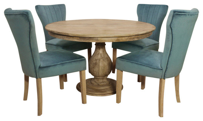 Jenna 48" Dining Set in Solid Wood With 4 Chloe Chairs in Teal Velvet ...