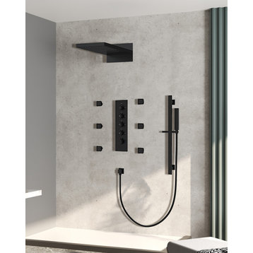 Thermostatic Shower System Wall Mounted Shower Set With Mixer Valve, Matte Black, 22 Inches, Slide Bar