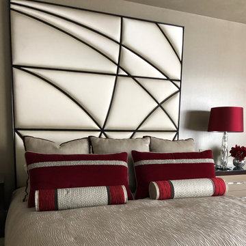 Drama and Rich Red Accents in Master Bedroom