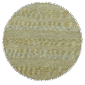 Olive Green, Wool and Silk Hand Knotted, Grass Design, Round Rug, 5'0"x5'0"