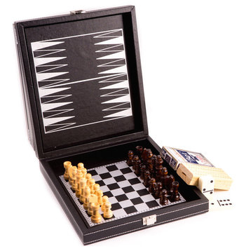 Black Leatherette 5 In 1 Game Set. Includes Chess, Backgammon, Cribbage, Domi...
