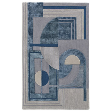 Weave & Wander Cutlor Art Deco Wool Rug, Aegean Blue/Gray/Ivory, 8ft x 10ft Rug