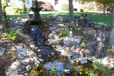 Design ideas for a traditional front yard shaded garden in Other with a water feature.