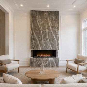 Transitional Living Room with Full-Height Stone Fireplace