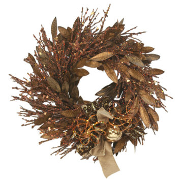 Glittered Brown and Gold Bay Leaf Wreath with Glass Ornaments
