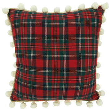 Plaid Throw Pillow With Pom Pom Design, Red, 18"x18", Down Filled