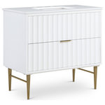 Meridian Furniture - Modernist Bathroom Vanity, 36" Wide, Brushed Gold Finish - Give your bathroom a fresh new look with this Modernist bathroom vanity. This 36-inch vanity features a strikingly rich white finish for a clean, contemporary aesthetic. Brushed gold stainless steel legs and handles add to its robust appearance, and a quartz top adds to its resilient beauty. A sink made from ceramic lends the vanity lasting performance. Store bathroom essentials close at hand in the convenient slide-out drawer located on the bottom of the unit.