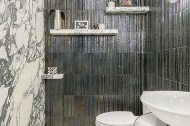 Example of a mid-sized minimalist 3/4 gray tile and ceramic tile marble floor and white floor bathroom design in New York with open cabinets and glass countertops
