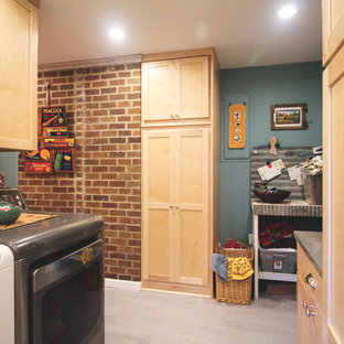 Inspiration for a medium sized eclectic galley separated utility room in Portland with shaker cabinets, light wood cabinets, zinc worktops, blue walls, porcelain flooring, a side by side washer and dryer and grey floors.