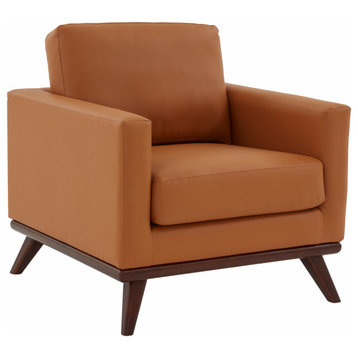 LeisureMod Chester Mid-Century Modern Faux Leather Accent Arm Chair, Cognac Tan