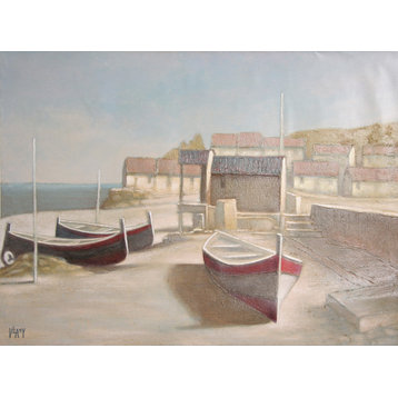 Vilany, Boats and Shore Town, Oil Painting