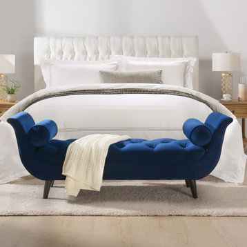 Alma Tufted Flared Arm Entryway Bench with Bolster Pillows, Navy Blue Velvet