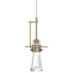 Hubbardton Forge - Erlenmeyer Large Low Voltage Mini Pendant, Clear Glass, Soft Gold - Adjustable pendant with thick blown glass cone; large. Aluminum Inspired by the flat-bottomed Erlenmeyer flask, this large pendant is the right choice over an island or to illuminate the most stylish lab ever. With the handcrafted collar encircling the clear, thick blown-glass flask, this design bubbles with design chemistry.