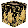 Black and Gold Asian Toile Wood Wastepaper Basket, With Tissue Box Cover