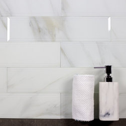 Abolos - Nature 4 in x 16 in Beveled Glass Subway Tile in Glossy Calacatta White - Mosaic Tile