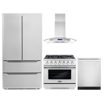 4-Piece, 36" Gas Range, Island Range Hood, 24" Dishwasher and Refrigerator