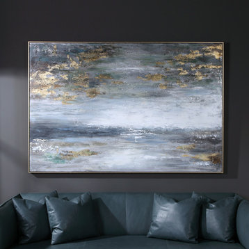 Luxe Oversize Modern Seascape Wall Art 73" Gold Gray White Abstract Painting