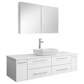 Lucera Wall Hung Vessel Sink Vanity With Medicine Cabinet, White, 60"
