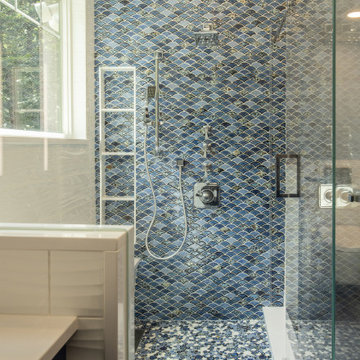 Blue Bathroom Sanctuary with Rain Overhead Shower