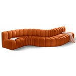 Meridian Furniture - Arc Velvet Upholstered 7-Pc. S-Shaped Modular Sectional, Cognac - Give your living room or den the perfect blend of style and versatility with this Arc velvet fabric curved modular Sectional. Part of the Arc modular furniture collection, this Sectional comes upholstered in rich cognac velvet fabric and features deep channel tufting that adds a touch of luxury while enhancing comfort and support. A seamless combination of form and function, this chair can be used with other Arc pieces to create a myriad of configurations in your well-curated room.