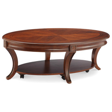 Traditional Coffee Table, Accented Curved Legs With Oval Tabletop, Bright Cherry