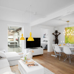 Inspiration för mellanstora moderna vardagsrum, med vita väggar och en fristående TV