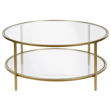 36'' Wide Round Coffee Table with Glass Top in Brass