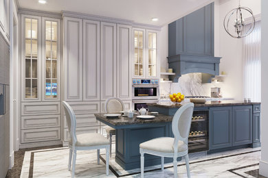 Example of a large classic galley marble floor and white floor eat-in kitchen design in Los Angeles with a drop-in sink, raised-panel cabinets, light wood cabinets, quartzite countertops, white backsplash, stone slab backsplash, stainless steel appliances and an island