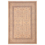 Bareens Designer Rugs - Boho Chic Ziegler Chun Tan Blue Hand-Knotted Wool Rug - 6'4'' x 8'9'' - Enhance the ambiance of your home with this magnificent Persian-influenced Turkish hand-knotted rug made by skilled artisans capable of creating the most exceptional vegetable dyes and hand-spun wool. This exquisite handmade rug is a one-of-a-kind Peshawar Kafkaz, otherwise identified as Chobi, Chobi Peshawar, Oushak, or Ziegler rug. These handmade rugs are crafted in Pakistan utilizing superior-quality wool imported from Australia, New Zealand, and Korea in two types of weaves: the Persian weave and the Mori weave. This rug is meticulously crafted by hand using the finest natural vegetable dyes extracted from local plants. The artisans use a blend of hand-spun local and fine merino wool, resulting in a rug with a compelling texture, higher lanolin content, and longer staple. The artisans occasionally incorporate natural or artificial silk into the pile to enhance specific motifs. The finished product is an awe-inspiring execution of flawless design and an understated palette that exudes elegance.