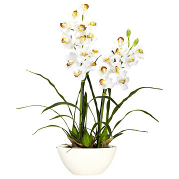 Cymbidium With White Vase Silk Flower Arrangement