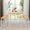 3 Pieces Dining Set, Metal Frame With Rectangular Table and 2 Bench, Oak/White