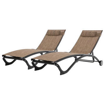 Set of 2 Patio Chaise Lounge, Curved Design With Wheels and Pillow, Granite
