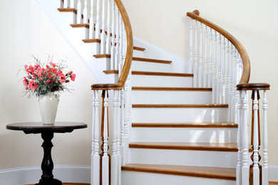 Example of a large classic wooden curved wood railing staircase design in Other with painted risers