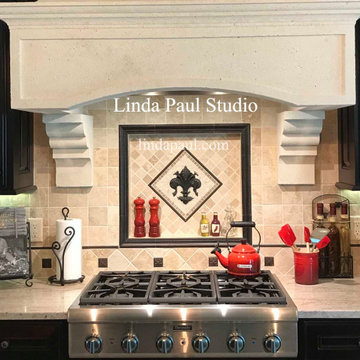 Fleur de lis bronze and stone mosaic mini kitchen tile backsplash medallion from