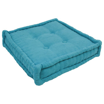 20" Square Corded Floor Pillow With Button Tufts, Aqua Blue