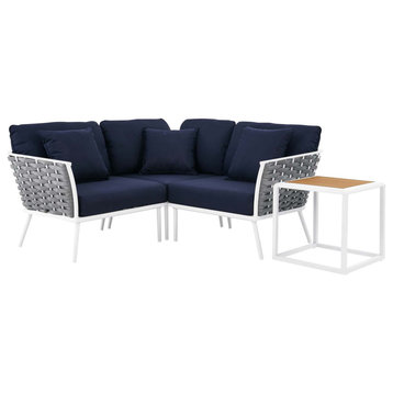 Lounge Sectional Sofa Chair Table Set, Navy White, Aluminum, Modern, Outdoor
