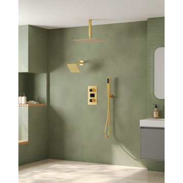 Dual Heads 12" Rain Shower Faucet with LCD Display 3 Function Shower System, Brushed Gold