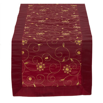 Holiday Gold Embroidery Sequined Burgundy Table Runner, 16"x90"