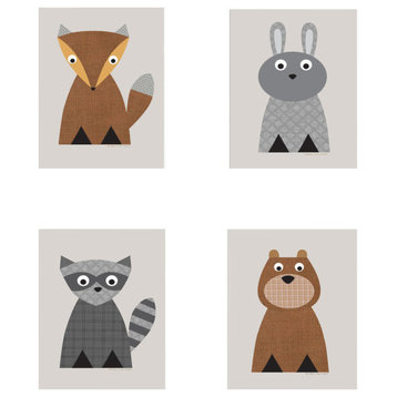 Woodland Animals Print, 4-Piece Set, Neutral, 8"