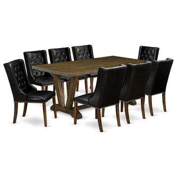 East West Furniture V-Style 9-piece Wood Dining Table Set in Jacobean Brown