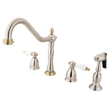 Kitchen Faucet, Dual White Handles & Side Sprayer, Brushed Nickel/Polished Brass