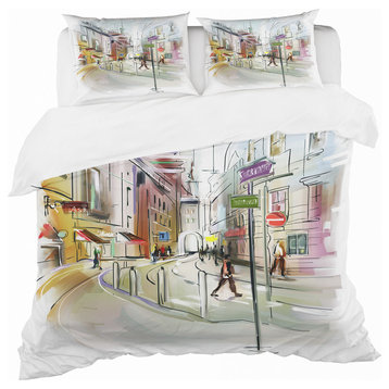 Colorful Illustration of City Cityscape Duvet Cover, Twin