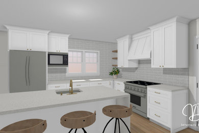 На фото: угловая кухня среднего размера в стиле неоклассика (современная классика) с обеденным столом, фасадами в стиле шейкер, белыми фасадами и островом